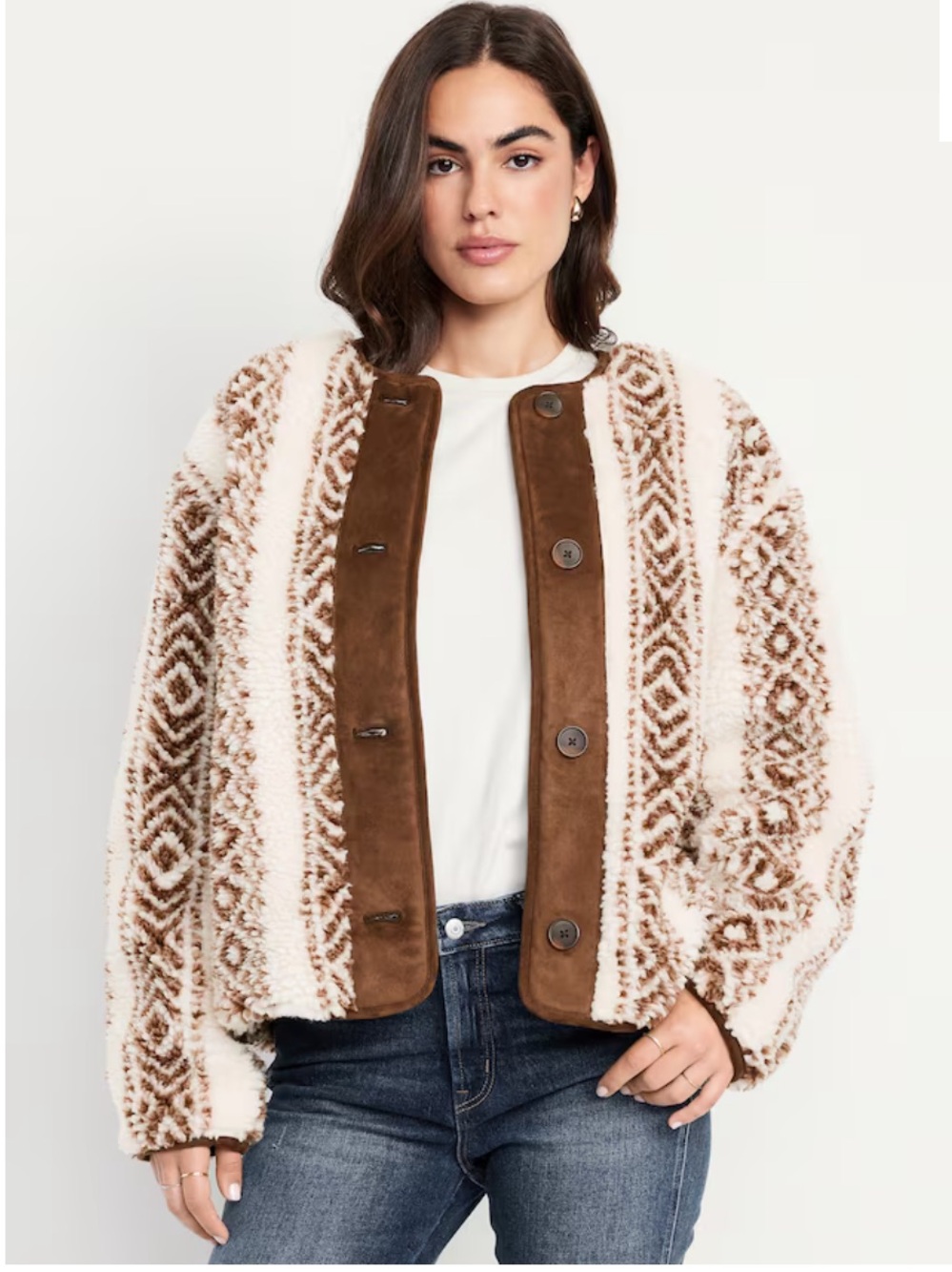 Old Navy Button Front Sherpa Jacket Cream Brown Teddy Western Aztec Women XL